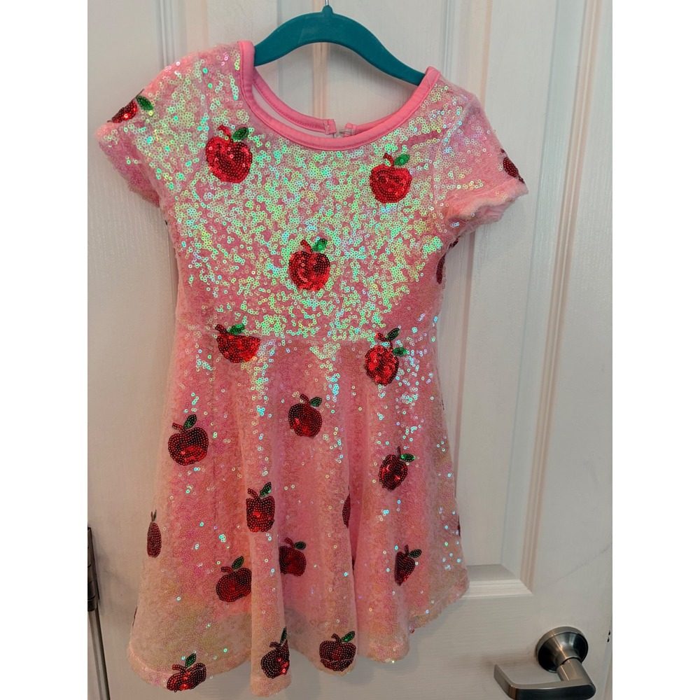 Unbranded Sequin Dress Pink Red Apple Short Sleeve Iridescent Sparkly Party 4T